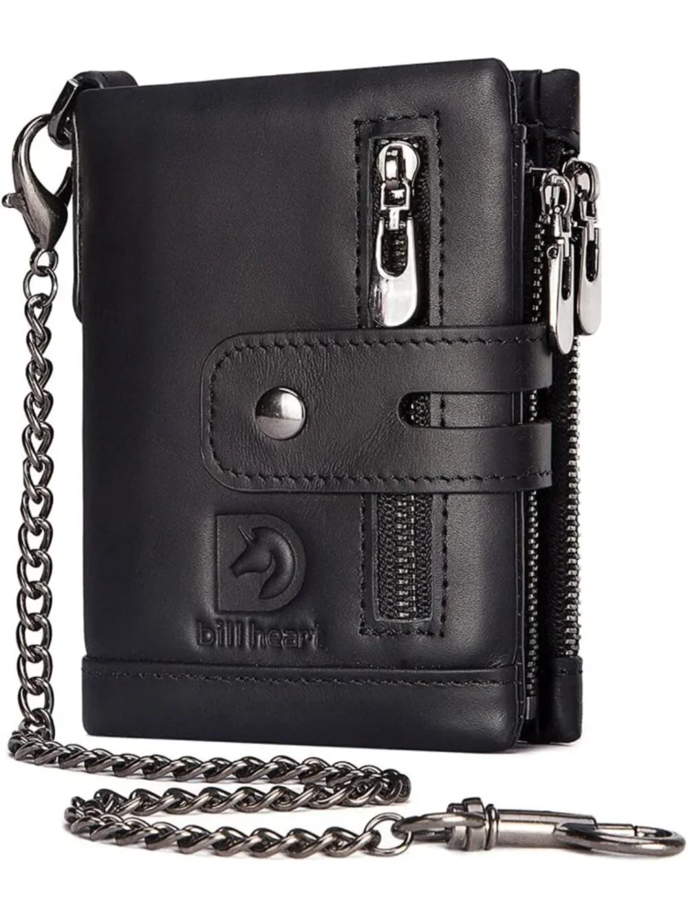 Genuine Leather Men's Wallet with Chain, RFID Blocking, Bifold, Double Zipper